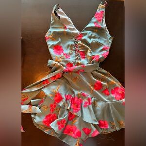 Floral shorts romper with tie waist, cute lacing at front and shoulders